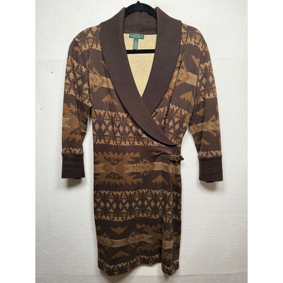 RALPH LAUREN Brown Western Aztec Print Cotton Sweater Dress Stretch Sz M - Picture 1 of 3